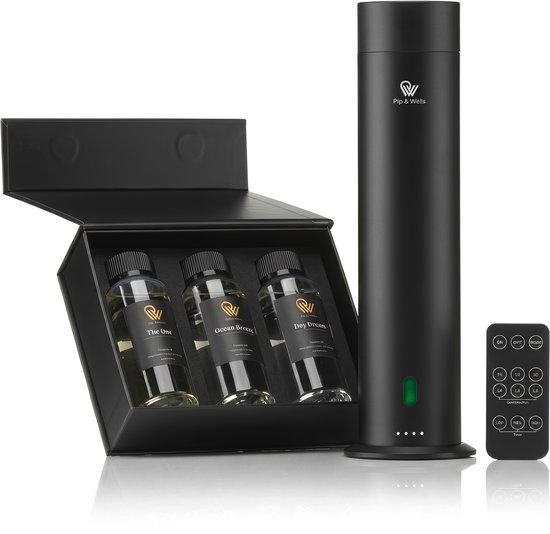 Pip & Wells® Pure One Aroma Diffuser - Waterloze Geurverspreider met 3 Hotelgeuren - Tot 100 m2 - Etherische Olie 360ml - Mat Zwart - Incl. Afstandsbediening & Oplader