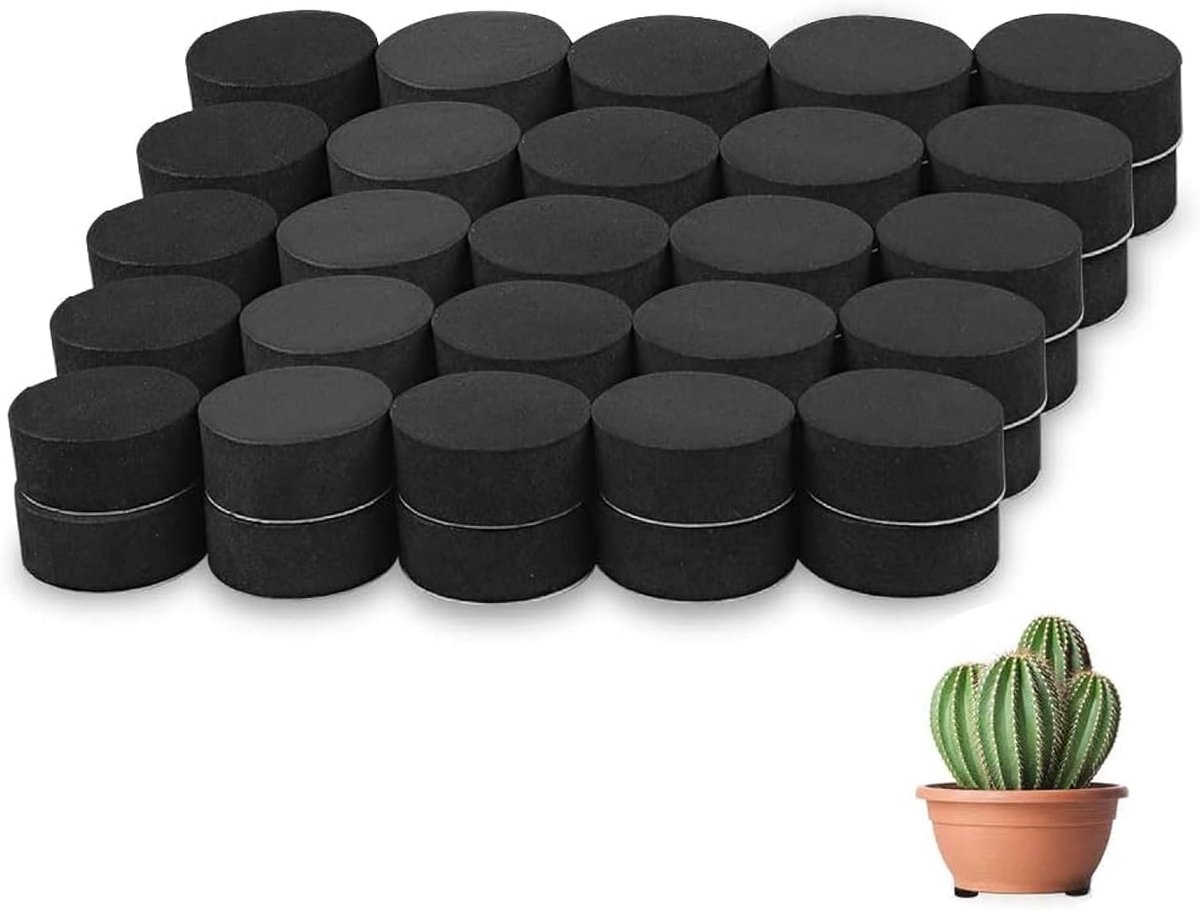 YAGXIG 50 stuks - Bloempotvoetjes - Bloempotverhogingspads - Onzichtbare bloempotvoetjes - EVA-voetjes - Rond - Antislip - Met kleeflaag - Geschikt voor bloempotten binnen en buiten - Bevorder plantengroei - Zwart - 3*3*1 cm
