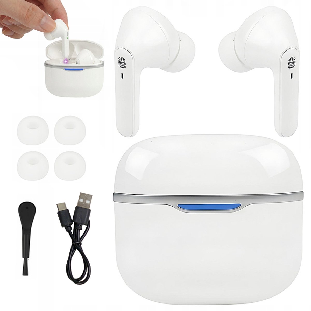 Hoortoestellen voor senioren – Draadloze Bluetooth-hoortoestellen – Lange batterijduur – Ontworpen voor senioren met gehoorverlies – Intelligente geluidsversterking – Ruisonderdrukking – Inclusief draagbare oplaadcase – Wit