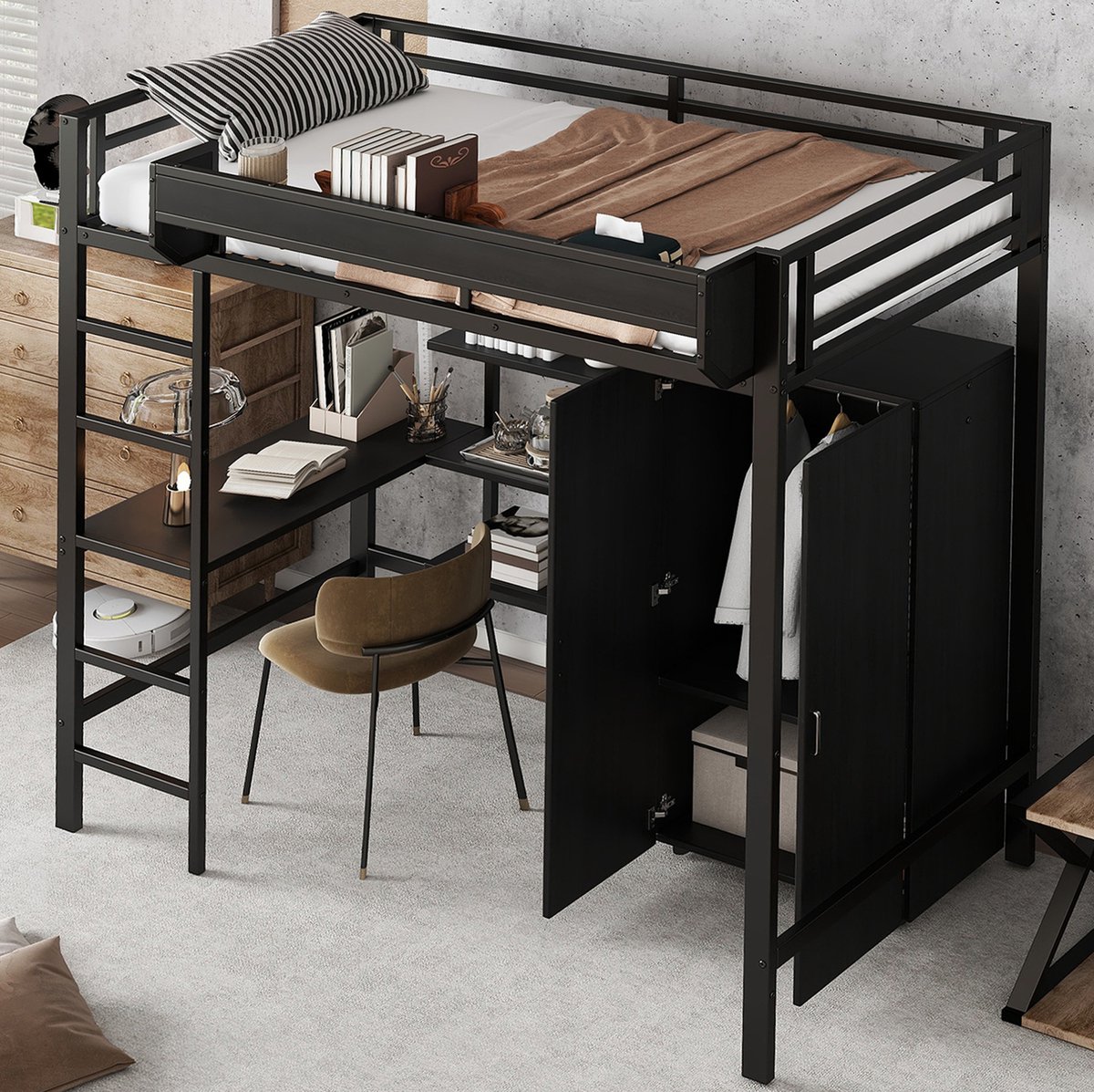 MEUNIQ hoogslaper 90x200 cm met bureau, kledingkast, open opbergruimte en 5-treden ladder, metalen bedframe met spaanplaat voor kinderkamer, zwart