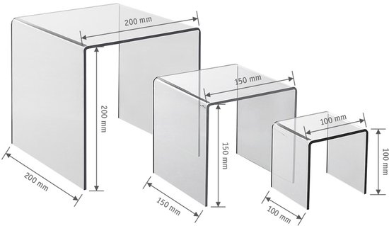 Acryldisplay 3-traps set van glashelder acryl - set van 3 - hoogte: 100 mm, 150 mm, 200 mm