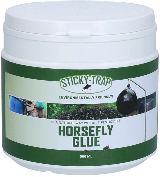 Pot met 'STICKY-TRAP' horzeltjeslijm, 500 ml. Groen-witte pot met afbeeldingen van insecten en een val.