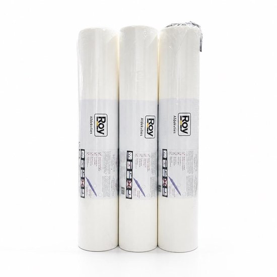Drie rollen wit, zelfklevend afdekvlies van het merk ROY, verpakt in plastic, op een witte achtergrond.