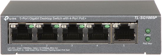 Voorkant van de zwarte TP-Link 5-Poorts Gigabit Desktop Switch met 4-Poort PoE+. Vijf poorten met groene LED's en indicator voor PoE status.