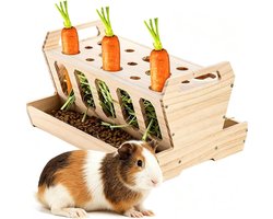 Grote houten voederbak voor konijnen en cavia's, met wortelhouder en hooivoederstation, natuurlijk onbehandeld hout (30 x 20,5 x 18 cm)