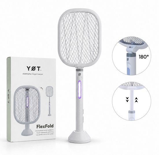 YØT® FlexFold Elektrische Vliegenmepper – Uitschuifbaar & Kantelbaar – 3500V – USB-C Oplaadbaar – 2-in-1 Vliegenvanger met Standaard & UV-Licht