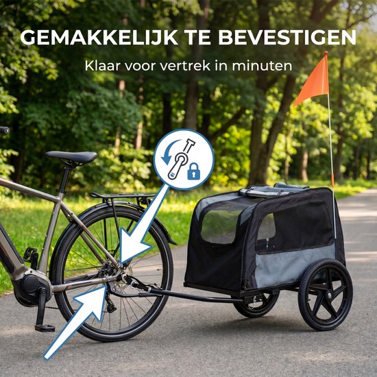 Zwarte en grijze hondenfietskar bevestigd aan een fiets, met "GEMAKKELIJK TE BEVESTIGEN".