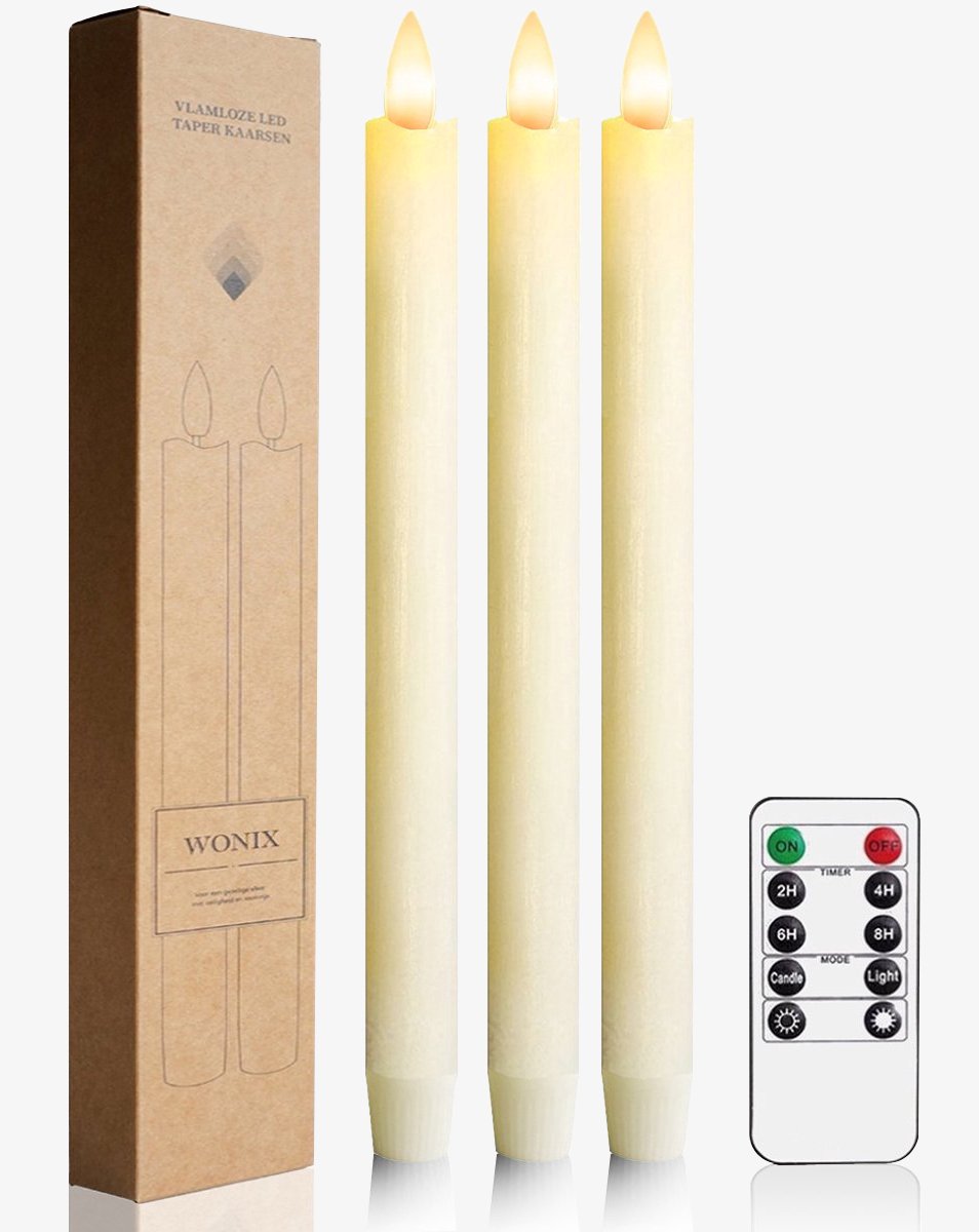 Wonix® - Echte was Led kaarsen met Afstandsbediening - Kaarsen op Batterijen - 3 Stuks - met flikkerende vlam - Ivoor - Warm Wit Licht