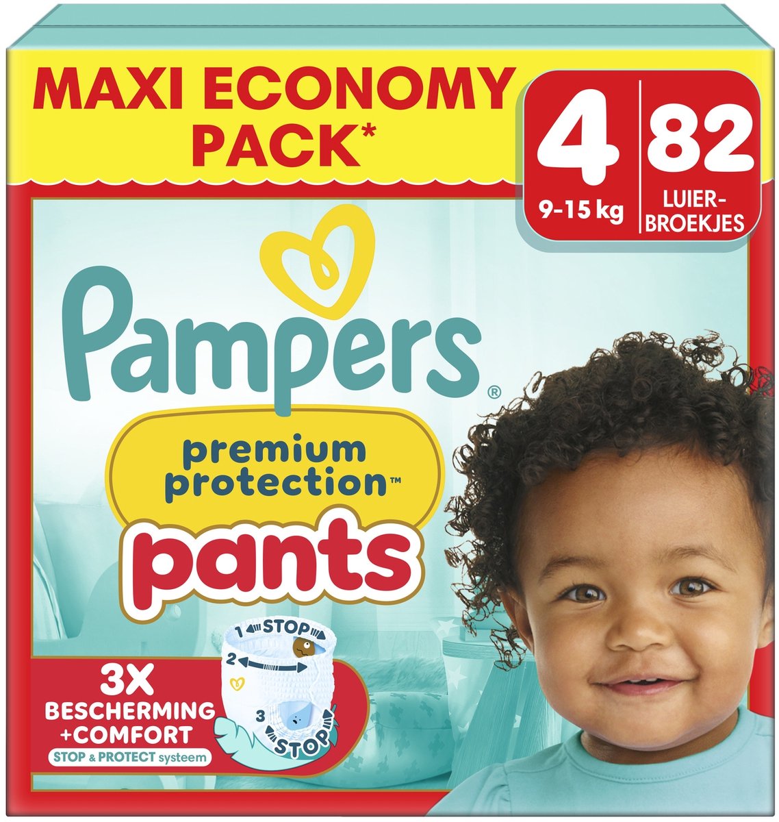 Pampers Premium Protection Pants Maat 4 – 82 Luierbroekjes – 9-15 kg – Maxi Economy Pack Productomschrijving