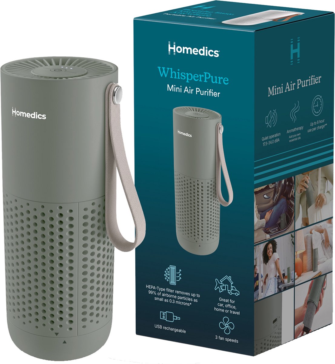 Homedics WhisperPure Mini Luchtreiniger Draadloos - HEPA en Koolstof Filter - Tot 8 uur Batterijduur - Draagbare Air Purifier voor Auto en Thuis - Stil 17-34 dB - Met Olietray - 3 Ventilatiestanden - Groen