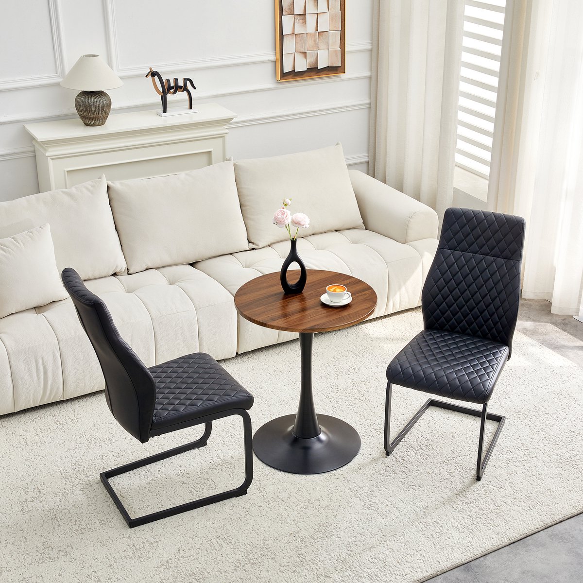 STILVORA Eettafelset - Ronde Tafel Van 60 Cm Met 2 Stoelen - Modern Voor Eethoek En Woonruimte - Hout En Metaal - Zwart;Walnoot