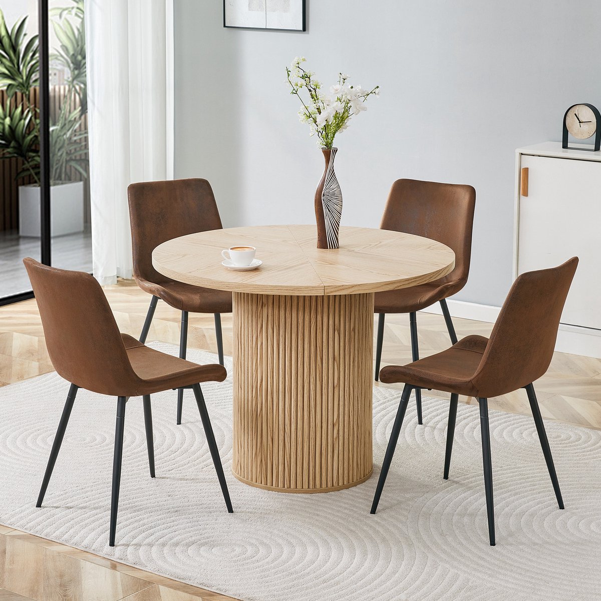 STILVORA Eettafelset - Ronde Tafel Met 4 Stoelen - Voor Eetkamer En Keuken - Hout En Metaal - Bruin Zwart Naturel - 100x76 Cm