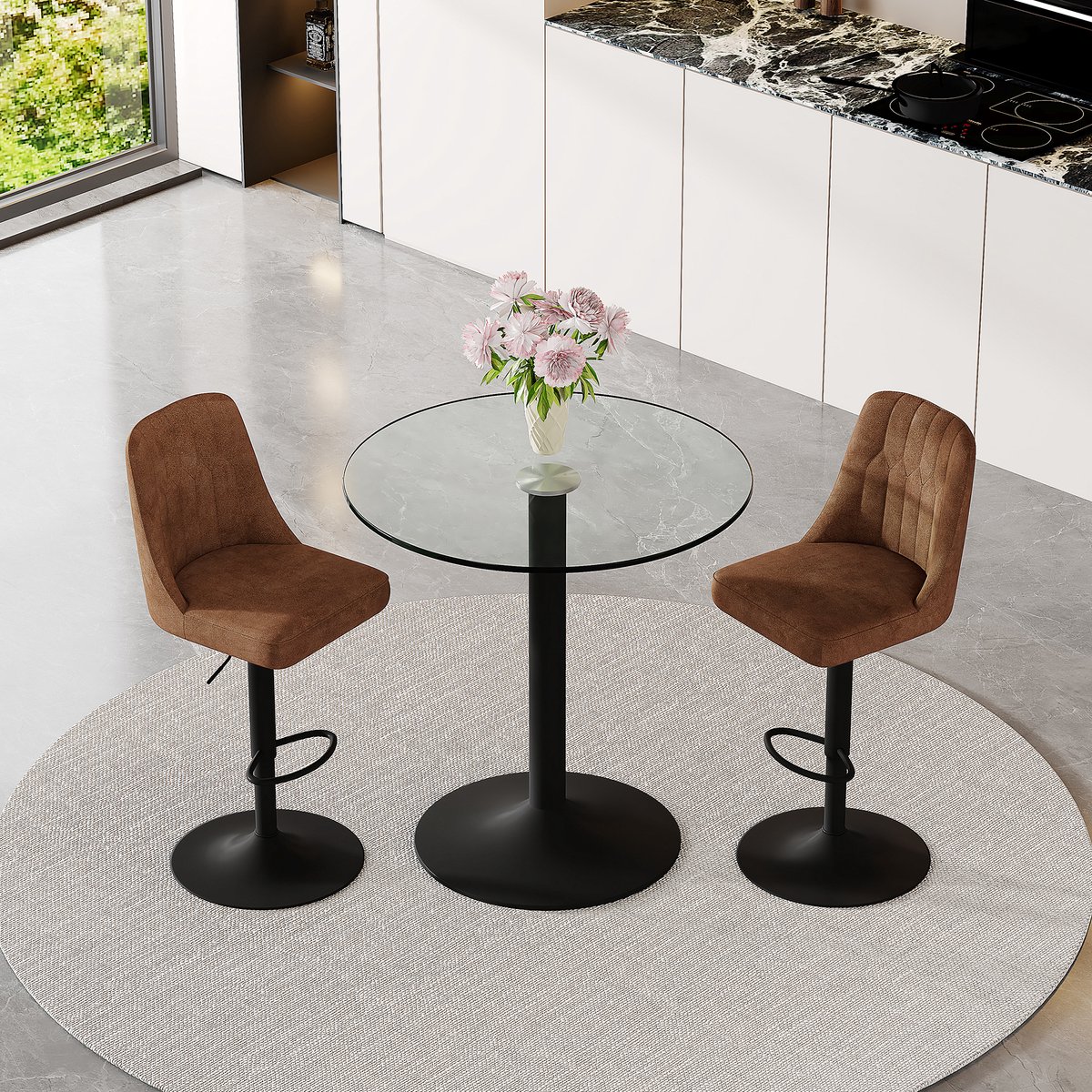 Barset 89 Cm Ronde Glazen Bartafel Met 2 Draaibare Barstoelen Voor Huisbar Café En Lounge Metaal Glas Bruin Zwart