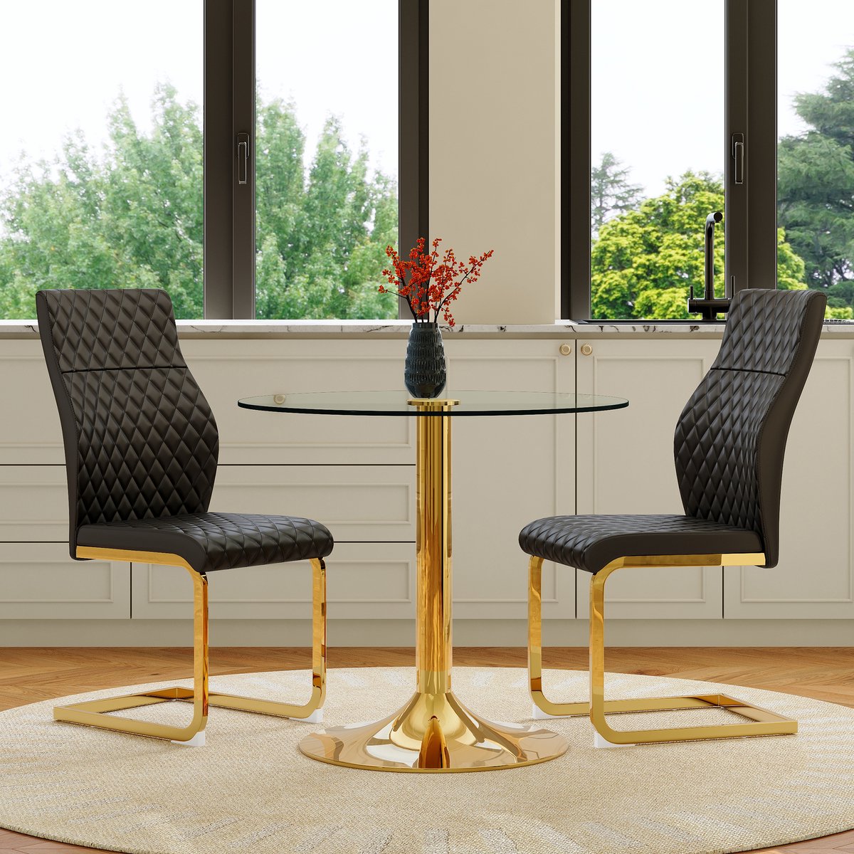 Set Tafel En Stoelen Rond 85 Cm - Gehard Glas En Goud Metalen Onderstel - Voor Eetkamer En Woonruimte - Zwart En Transparant