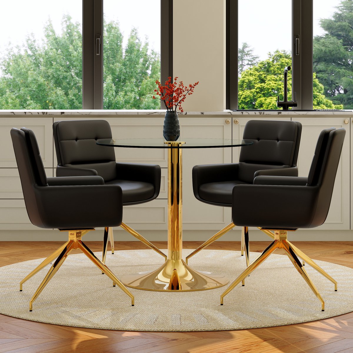 STILVORA Tafel En Stoelenset 85 Cm - Ronde Gehard Glazen Tafel Met 4 Draaibare Eetkamerstoelen - Voor Eetkamer En Woonkamer - Metaal En Kunststof - Zwart Goud Transparant