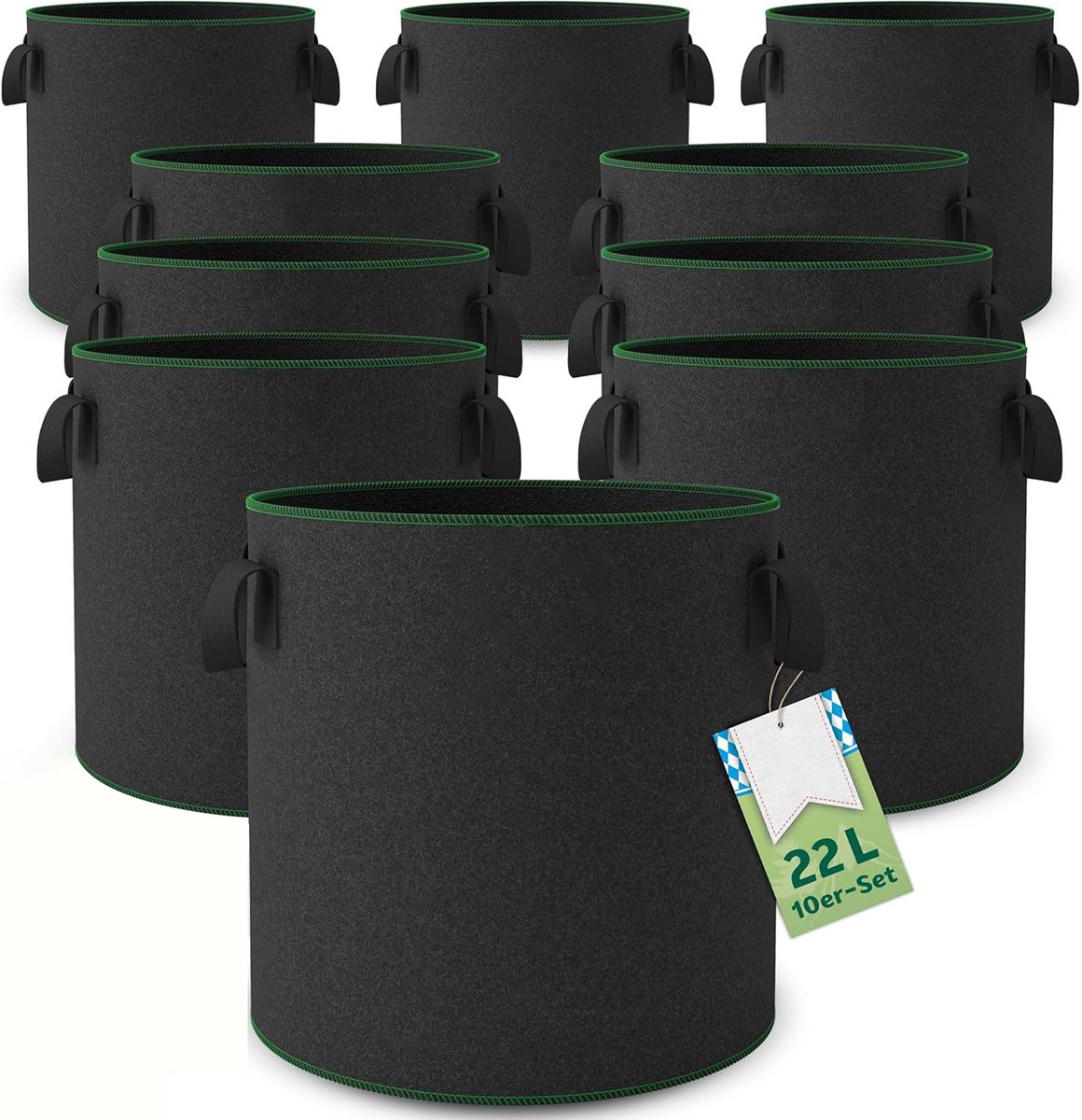 10x 22L Plantzakken - 300g/m² extra sterk PP vlies - ademend & luchtsnede - met stevige handgrepen voor tomaten, aardappelen, kruiden