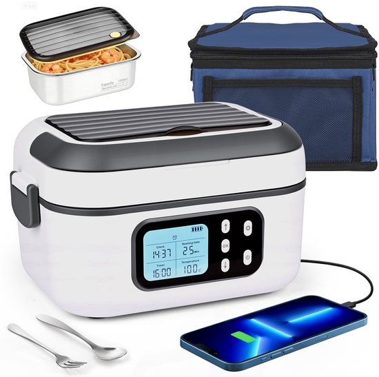 Witte Dreamhigh 1,5 liter lunchbox met accu, blauwe tas en bestek