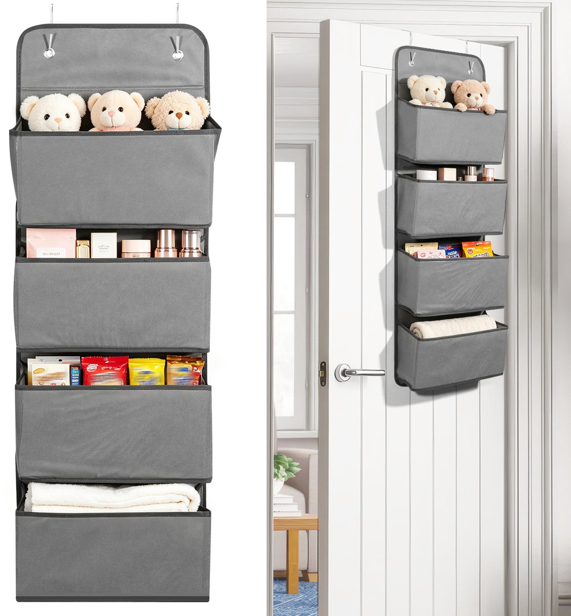 Lemonbest Deurorganizer 4 Vakken 29,5 x 13 x 89,5 cm - Opvouwbare Hangende Opberger voor Slaapkamer Kledingkast en Voorraadruimte - Grijs