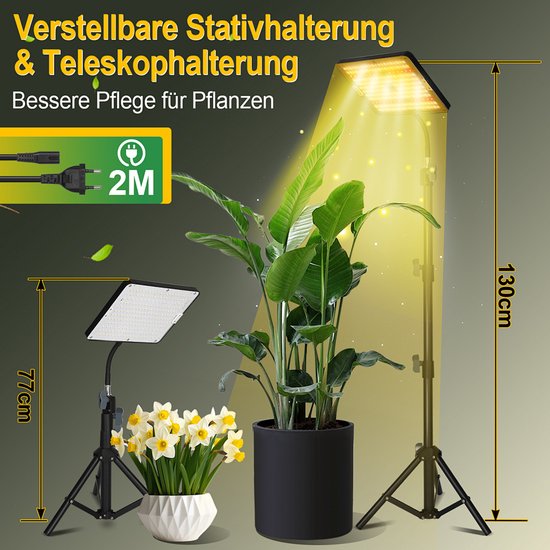Groeilamp met verstelbare statief- en telescoopbeugel van 77-130 cm. Een grote groene plant en een bosje narcissen staan naast de lampen.