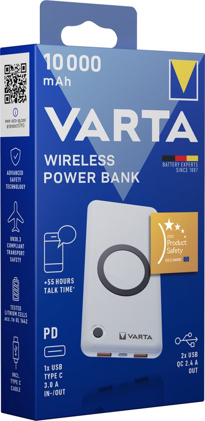 Varta Draadloze Powerbank 10000mAh Wit met Snelladen