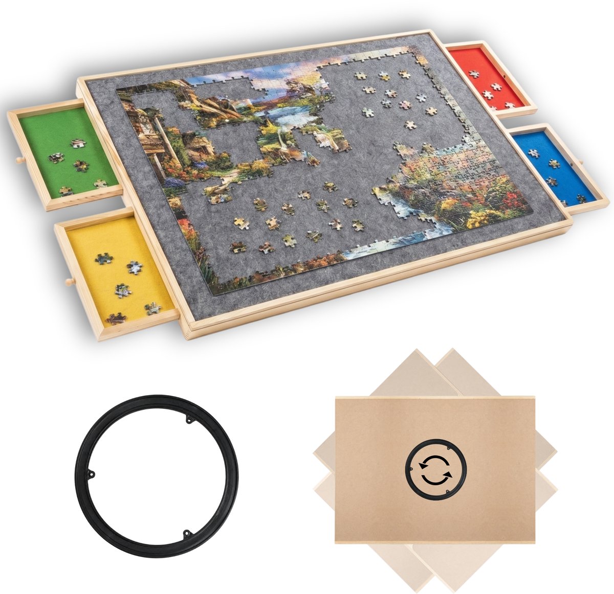 Puzzelbord met Lades 1000 Stukjes - Draaibaar - Puzzelplaat - Puzzelplank - Puzzeltafel met opbergsysteem - Puzzelkoffer - Puzzelmat - Hout