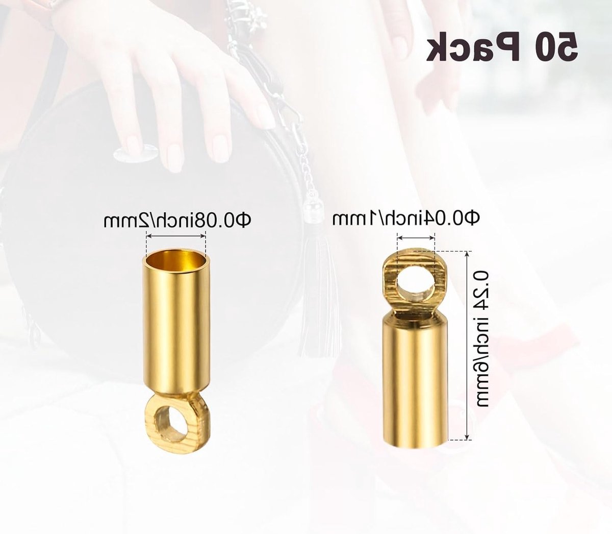 50-pack kwastje koord eindkappen, 2 mm ID koperen lijm in lederen vat voor sieraden maken, Kumihimo eindpunt kralenkappen, DIY armbanden en hanger, koordklemmen in goudkleur