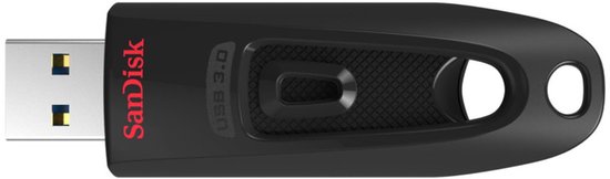 Clé USB SanDisk noire USB 3.0, partiellement visible, avec texte rouge et un trou à l'extrémité.
