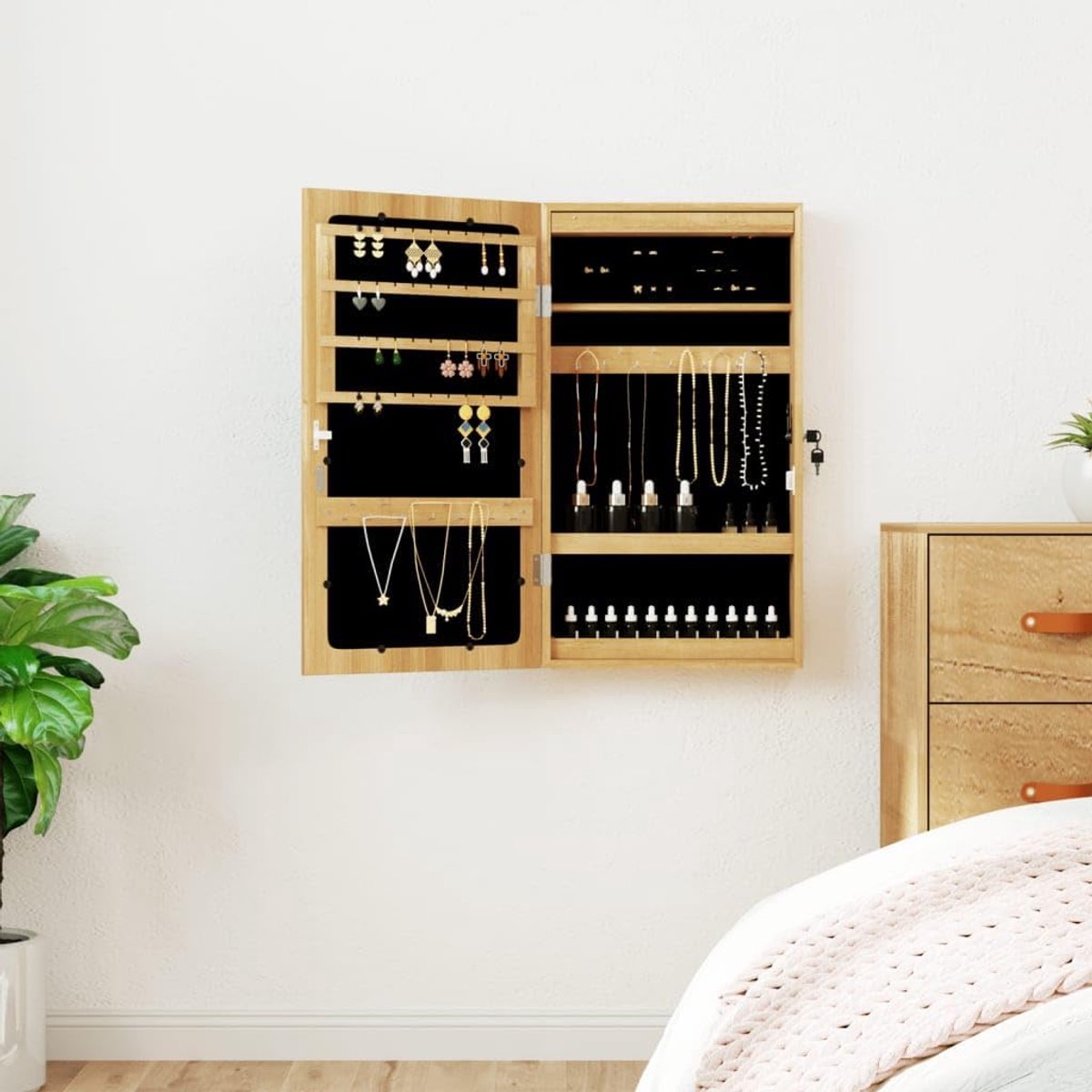 Sieradenkast met spiegel - Make-up organizer - Sieraden opbergen - Met LED-verlichting - 375 x 10 x 67 cm - Bruin