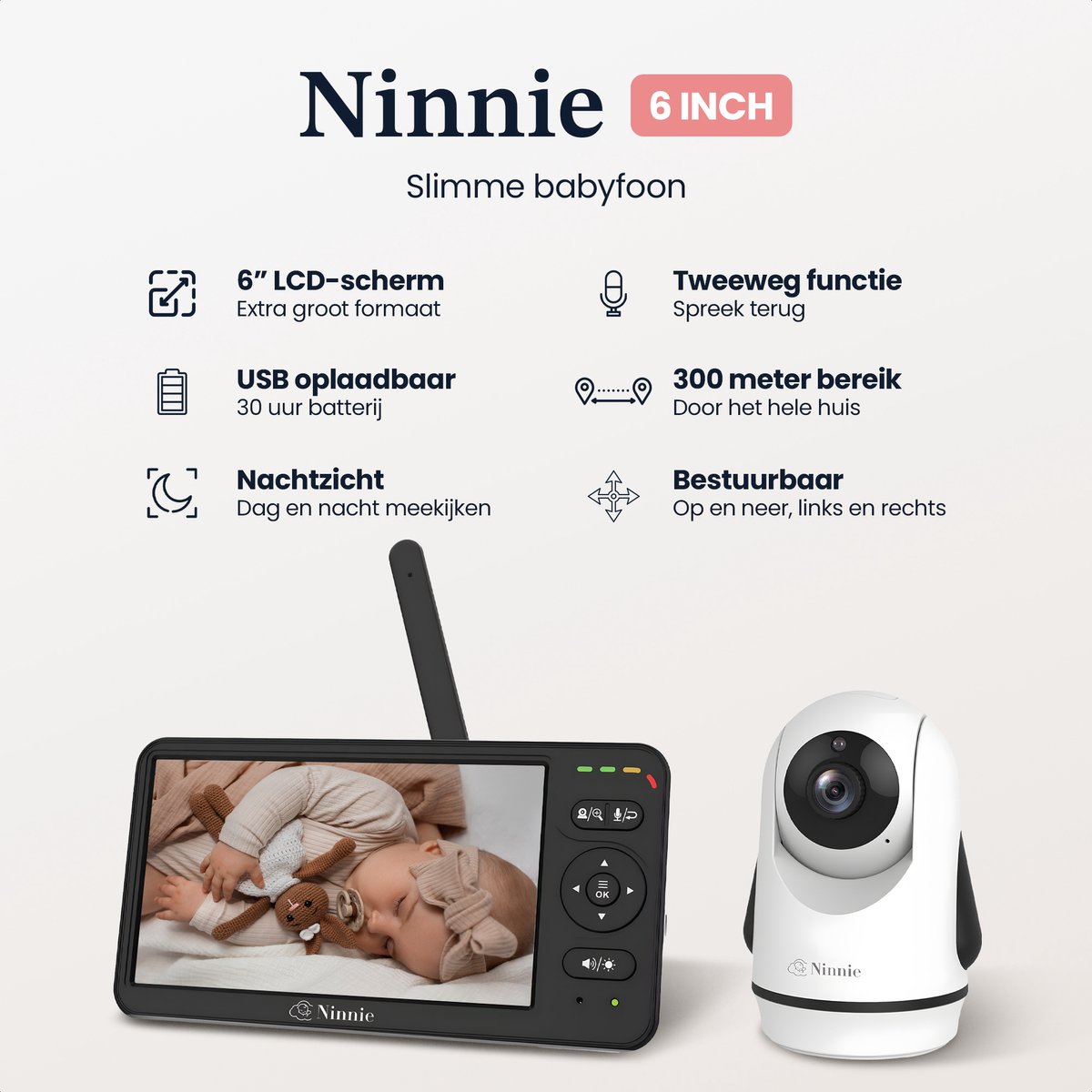 Ninnie Babyfoon met Camera - 6 Inch Scherm - 4000mAh Accu thumbnail 2