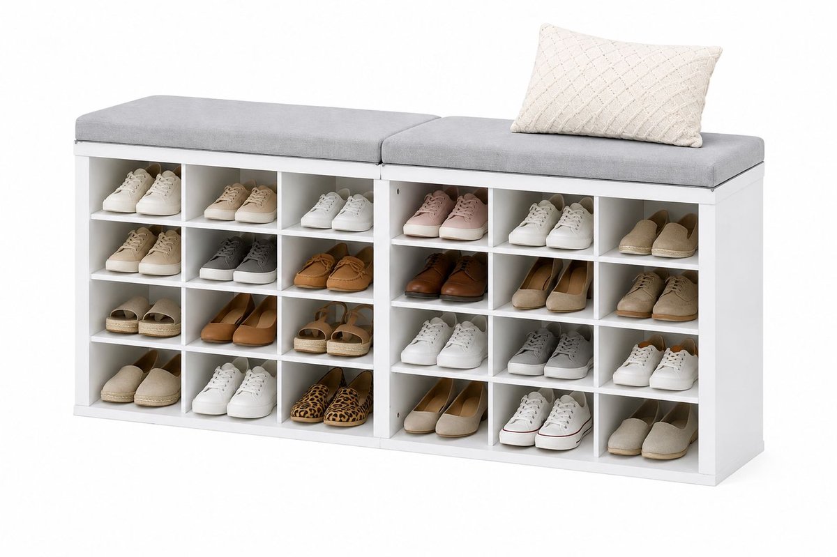 CINK Home® Schoenenbank met Zitkussen - Schoenenkast met 24 Vakken - Wit Schoenenrek met Opbergruimte - Halbank voor Gang, Slaapkamer en Entree - 150 cm