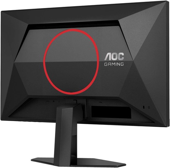 Achterkant van een zwarte AOC gaming monitor met rode cirkel.
