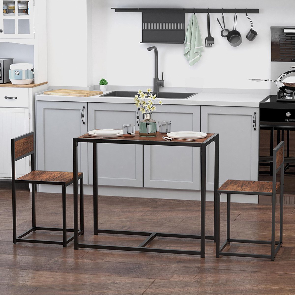 Pugsdrly 3-delige bartafelset - hoge tafelset met 1 tafel en 2 stoelen - 90 x 47 x 76 cm - bruin + zwart