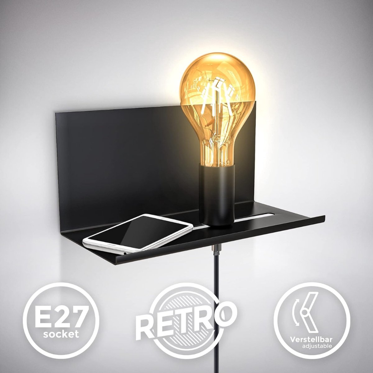 QORA® Wandlamp Binnen met Snoer - Wandlamp - Wandlamp Binnen - draaibaar 350 graden - met timerfunctie - Zwart - 16cm x 12cm x 12cm