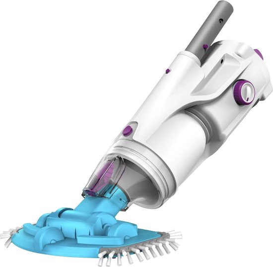 Witte zwembadstofzuiger met paarse knoppen en blauw, borstelig mondstuk.