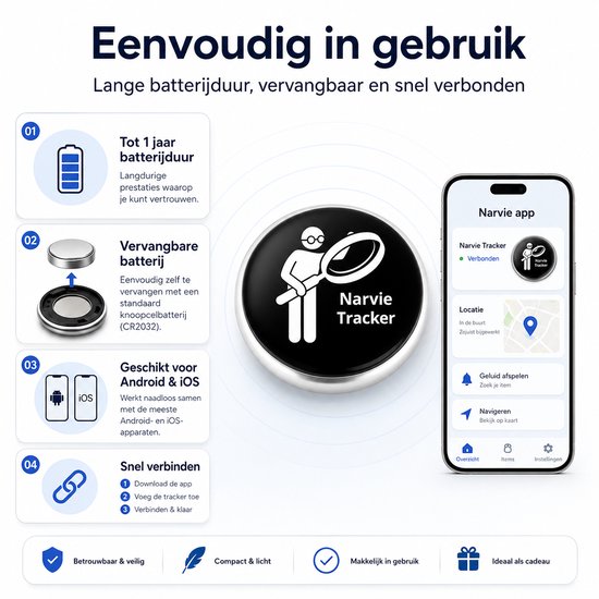 NARVIE - Bluetooth GPS Tracker zonder abonnement - Wereldwijde locatie via app - Geschikt voor Android & iPhone - Sleutels Key Finder - incl. gratis app