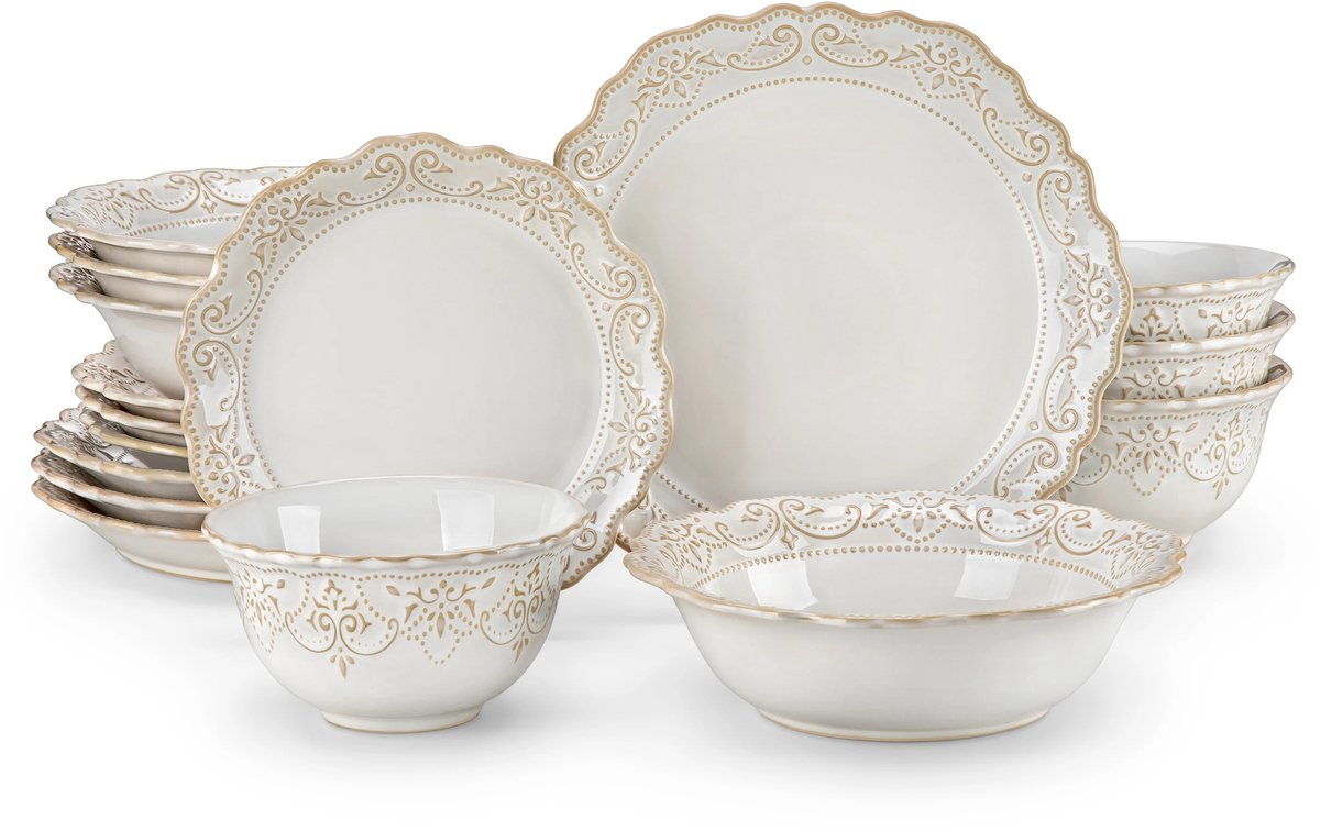 Home & Beyond® 16-delige Serviesset – Porselein – Servies voor 4 Personen – Wit met Reliëf – Magnetron- & Vaatwasserbestendig