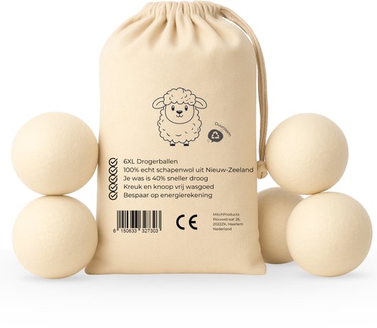 Six boules de séchage XL en laine de mouton, avec un sac en tissu représentant un mouton et le texte '6XL Boules de séchage'.