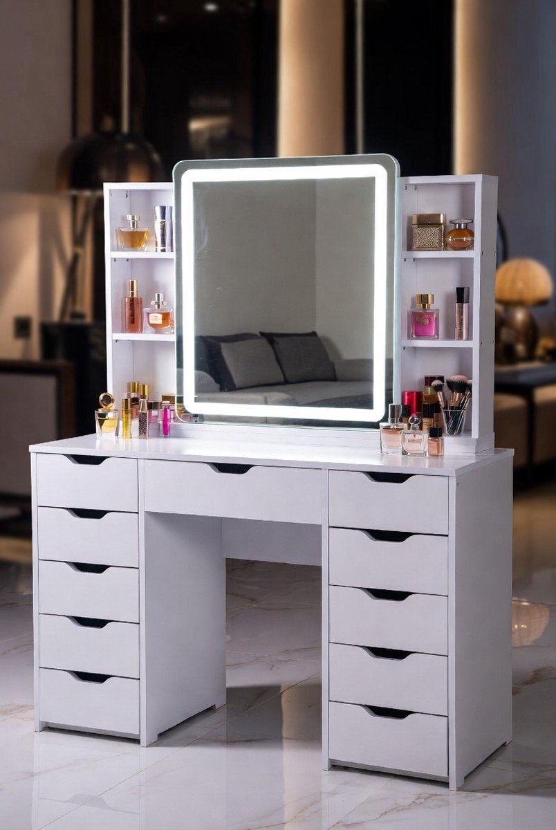 Grote make-uptafel met led-spiegel, helderheid instelbaar, make-uptafel met 4 planken en 7 laden, moderne make-uptafel met veel opbergruimte-Medahomestore