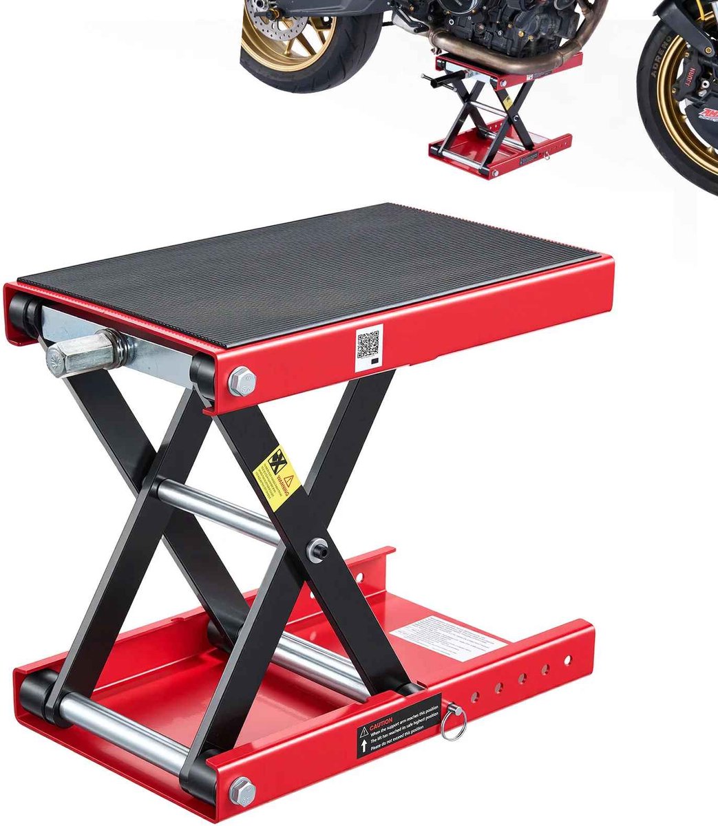 CORE Motorfiets schaarlift - Handmatige schaarlift - Motorkrik - Schaarliftkrik - Inclusief dopsleutel 22mm en crank hendel - Platform 38x23cm - 24.5x42.6x9.5-34cm - Rood en Zwart