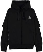 Zwarte hoodie met capuchon, ritssluiting en een geborduurd Assassin's Creed logo op de borst.