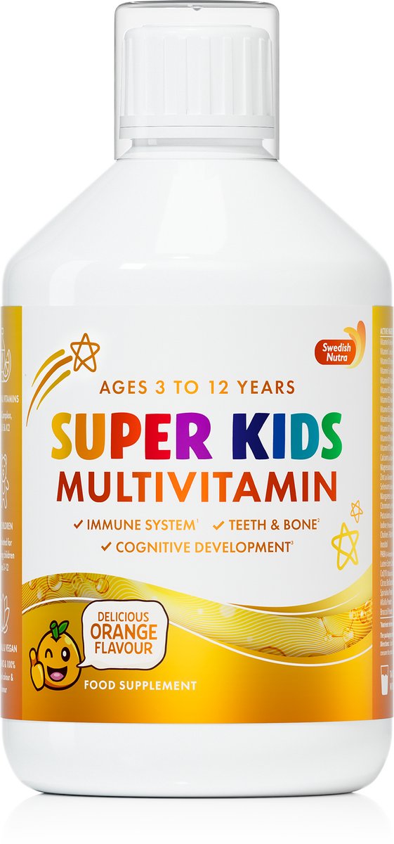 Swedish Nutra Super Kids Multivitamin voor kinderen zonder gluten of lactose-Energiebooster voor kinderen-Oplossing voor kinderen met een slechte eetlust-Vitamines ter ondersteuning van concentratie en geheugen-Vitamine C, D3 en B-complex-500 ML