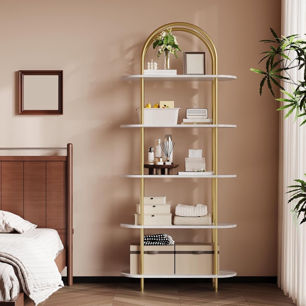 5-laags boekenkast- vrijstaande houten en metalen plank- hoge en smalle plank in industriële stijl- voor woonkamer- kantoor of slaapkamer- vintage design- 60 x 28 x 180 cm- goud
