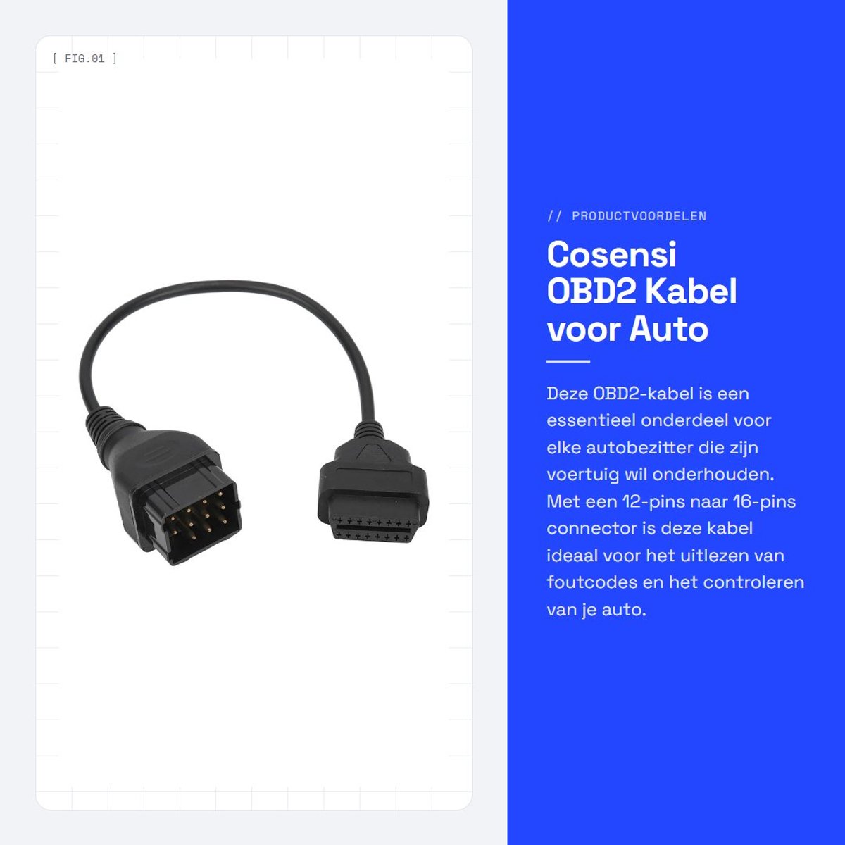 Dailygoods- OBD2-kabel 12-pins naar 16-pins - OBDII-adapter - Auto-accessoires - Geschikt voor ABS - Zwart - Verbindingskabel - Diagnosekabel