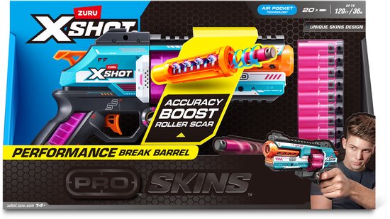 Doos van de X-Shot Pro Skins Break Barrel met blauwe en roze kleuren, 20 darts en afbeelding van een tiener die richt.