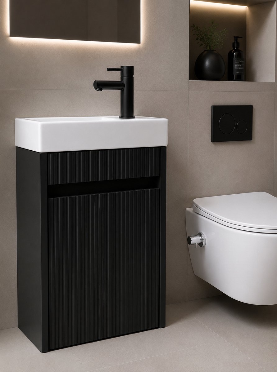 Zimmer Toiletmeubel Set Mat Zwart 40 cm – Fonteinkast met Keramische Wastafel, Zwarte Kraan & Pop-up Waste
