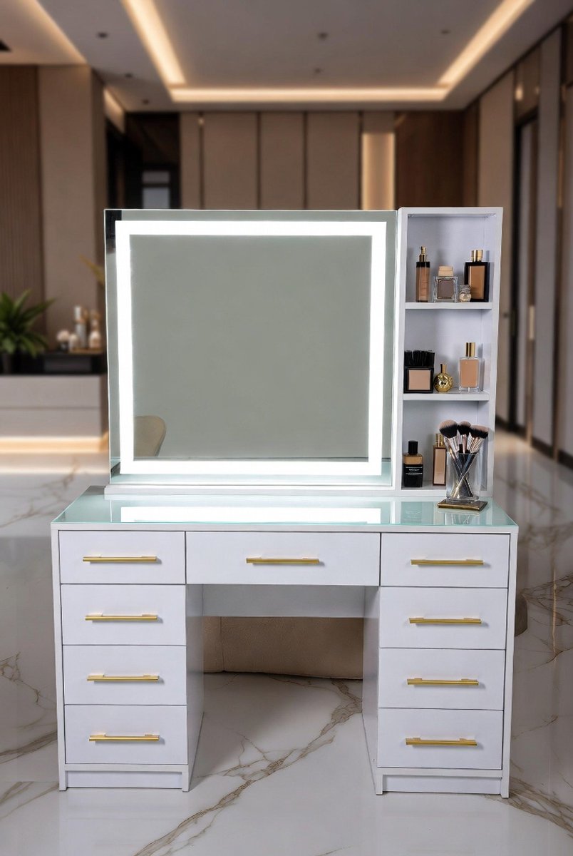 Make-uptafel met schuifspiegel en ledverlichting, kaptafel en kruk, kaptafel met gehard glas, cosmetica-commode met 5 laden, voor slaapkamer, wit, 100 x 50 x 135 cm-Medahomestore