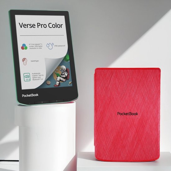 PocketBook Verse Pro Color e-reader naast een rode PocketBook hoes.