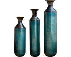 Handgemaakte Metalen Vaas - Decoratieve Vaas - Blauwgroene Vaas - Patina Vaas - Vintage Stijl - Handgebrand - Voor Droogbloemen - Woonkamer - 3 Stuks - Blauwgroen