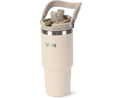 VANN® RVS Tumbler met ingebouwd rietje – Flip & Sip – Isolerende Drinkbeker met rietje en deksel – 24 uur ijsblokjes – Flow Tumbler – Soft Sand