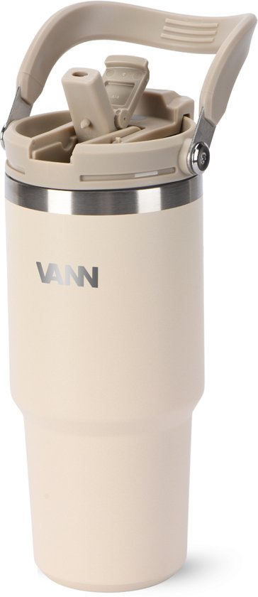 Zandkleurige VANN Flow Tumbler met gesloten deksel en handvat.